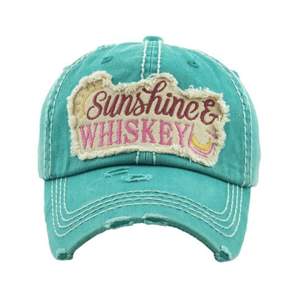 KBETHOS Teal 'Sunshine & Whiskey' Distressed Baseball Cap with Pink Embroidery